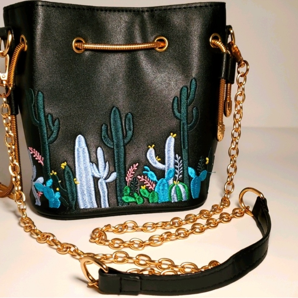 Embroidered Black Bucket Bag with Gold Chain